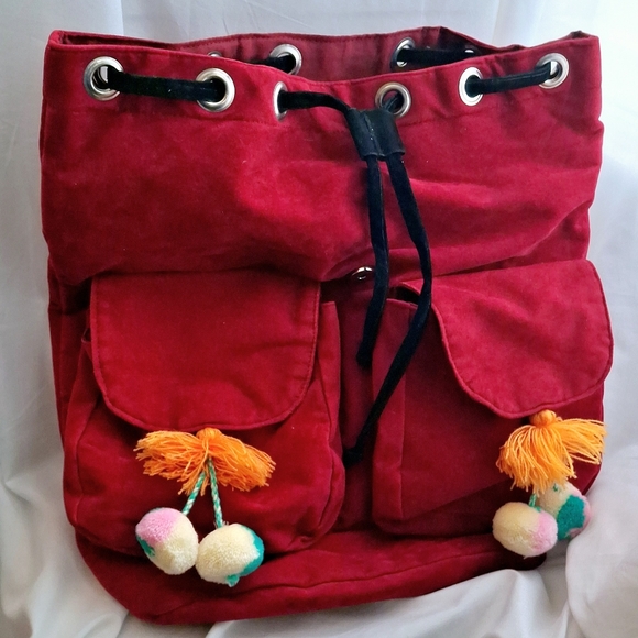 America & Beyond Drawstring Pom Pom Backpack  Floral Suede School Bag Girls Gift - Picture 15 of 17